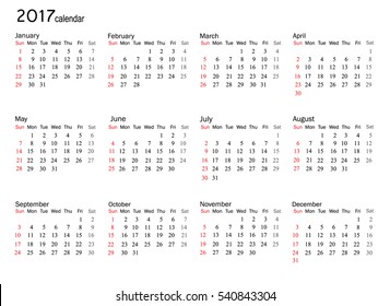 Calendar for 2017 year on white background.