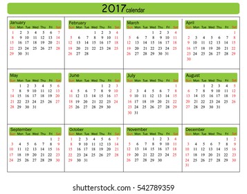 Calendar for 2017 year on white background. Vector EPS10.