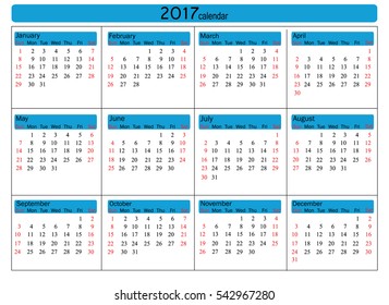 Calendar for 2017 year on white background. Vector EPS10.