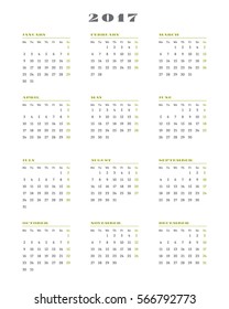 Calendar for 2017 year on white background. Vector design print template. Week starts Monday. Stationery design