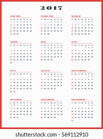 Calendar for 2017 year on white background. Vector design print template. Week starts Sunday. Stationery design