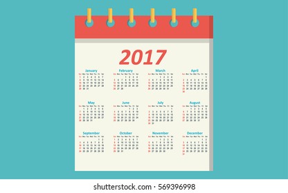 Calendar for 2017 Year on White Background. Week Starts Monday. Simple Vector Template.
