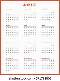 Calendar for 2017 year on white background. Vector design print template. Week starts Monday. Stationery design
