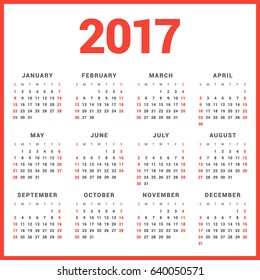 Calendar for 2017 Year on White Background. Week Starts Sunday. Simple Vector Template. Stationery Design Template