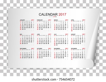 Calendar 2017 year on white paper curled with soft shadow and transparent background. Vector illustration.