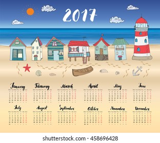 Calendar 2017 Year One Sheet, Vector Hand Drawn Beach Huts and Month Lettering, Week Starts Monday