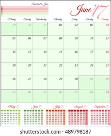 Calendar for 2017 year. Planner template. Vector design print template. Week starts Monday. Set of 12 calendar pages. Stationery design