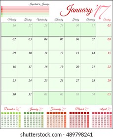 Calendar for 2017 year. Planner template. Vector design print template. Week starts Monday. Set of 12 calendar pages. Stationery design
