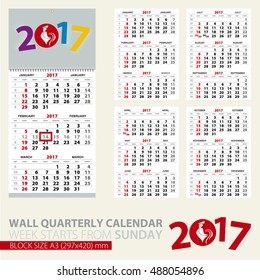 Calendar for 2017 year. Print template of wall quarterly calendar. Block size A3. Week starts from Sunday. 2017 with rooster image. Vector Illustration.