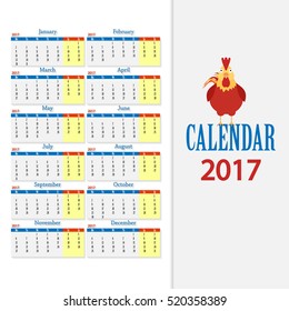 Calendar for 2017 Year. red rooster - a symbol of the new 2017.