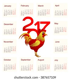 Calendar for 2017. Year of Rooster by Chinese zodiac