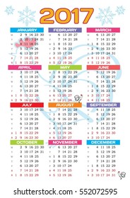 Calendar 2017. Year of the rooster. Colorful with white background.