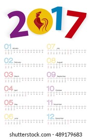 Calendar 2017 The Year of the Rooster, two weeks line. Week starts from Sunday. Vector Illustration.