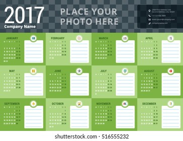 Calendar for 2017 year. School schedule. Vector design stationery template. Week starts Monday. Vector illustration