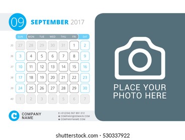 Calendar for 2017 Year. September. Vector Design Print Template with Place for Photo, Logo and Contact Information. Week Starts on Sunday. Calendar Grid with Week Numbers