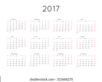 Calendar 2017 year simple style. Week starts from sunday