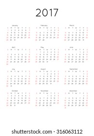 Calendar 2017 year simple style. Week starts from Sunday