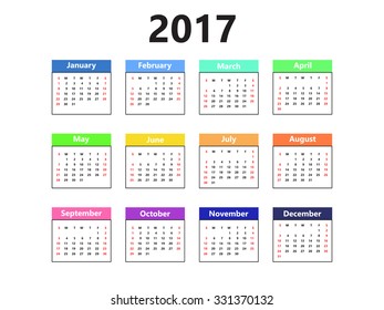 Calendar 2017 year simple style. Week starts from sunday