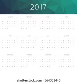 Calendar 2017 year simple style. With abstract geometric triangle mosaic tessllation header,banner.  Week starts from sunday