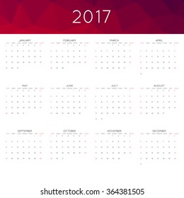 Calendar 2017 year simple style. With abstract geometric triangle mosaic tessllation header,banner.  Week starts from sunday