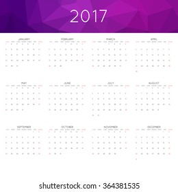 Calendar 2017 year simple style. With abstract geometric triangle mosaic tessellation header,banner.  Week starts from sunday