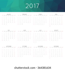 Calendar 2017 year simple style. With abstract geometric triangle mosaic tessllation header,banner.  Week starts from sunday