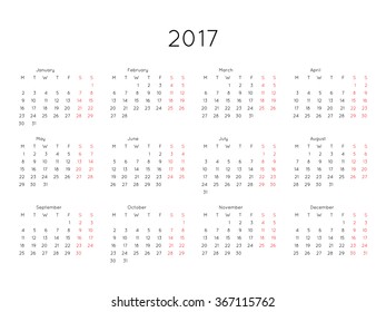 Calendar 2017 year simple style. Week starts from monday