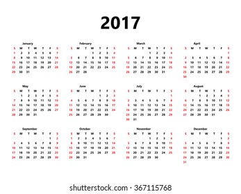 Calendar 2017 year simple style. Week starts from sunday