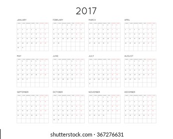 Calendar 2017 year simple style with grid. Week starts from monday