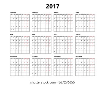 Calendar 2017 year simple style with grid. Week starts from monday