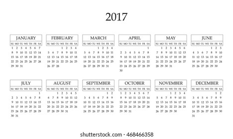 Calendar 2017 year in simple style. Months and days of week in English. Week starts from sunday. Text, thin frames in a separate layers.