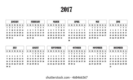 Calendar 2017 year in simple style. Months and days of week in English. Week starts from sunday. Text, thin frames in a separate layers.
