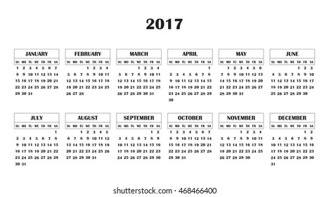 Calendar 2017 year in simple style. Months and days of week in English. Week starts from sunday. Text, thin frames in a separate layers.