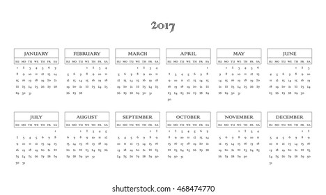 Calendar 2017 year in simple style. Months and days of week in English. Week starts from sunday. Text, thin frames in a separate layers.