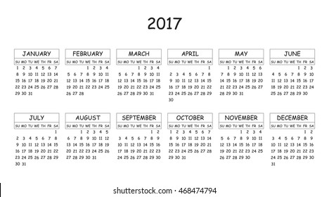 Calendar 2017 year in simple style. Months and days of week in English. Week starts from sunday. Text, thin frames in a separate layers.