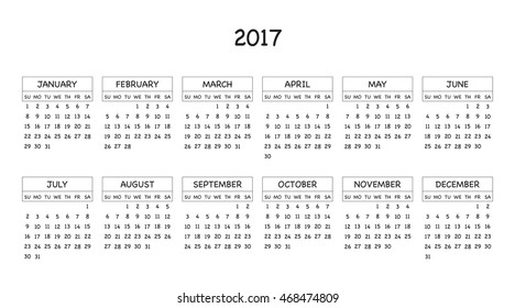 Calendar 2017 year in simple style. Months and days of week in English. Week starts from sunday. Text, thin frames in a separate layers.