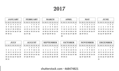 Calendar 2017 year in simple style. Months and days of week in English. Week starts from sunday. Text, thin frames in a separate layers.