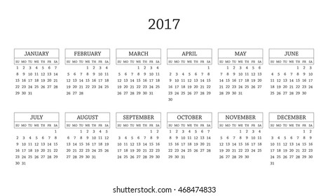Calendar 2017 year in simple style. Months and days of week in English. Week starts from sunday. Text, thin frames in a separate layers.