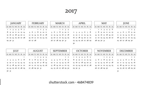 Calendar 2017 year in simple style. Months and days of week in English. Week starts from sunday. Text, thin frames in a separate layers.