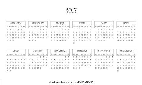 Calendar 2017 year in simple style. Months and days of week in English. Week starts from sunday. Text, thin frames in a separate layers.