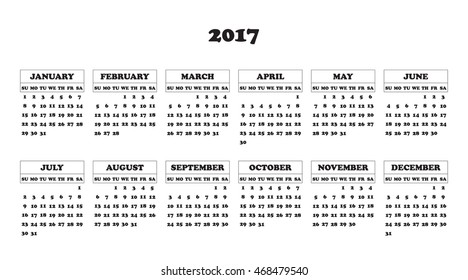 Calendar 2017 year in simple style. Months and days of week in English. Week starts from sunday. Text, thin frames in a separate layers.