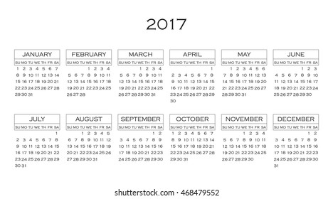 Calendar 2017 year in simple style. Months and days of week in English. Week starts from sunday. Text, thin frames in a separate layers....