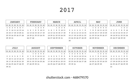 Calendar 2017 year in simple style. Months and days of week in English. Week starts from sunday. Text, thin frames in a separate layers.