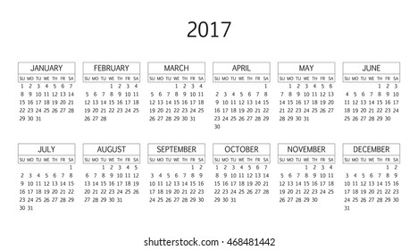 Calendar 2017 year in simple style. Months and days of week in English. Week starts from sunday. Text, thin frames in a separate layers.