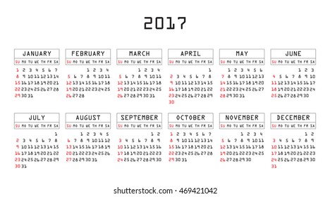 Calendar 2017 year in simple style. Months and days of week in English. Week starts from sunday. Text, thin frames in a separate layers. 