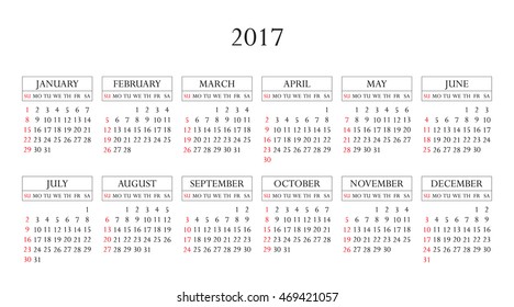 Calendar 2017 year in simple style. Months and days of week in English. Week starts from sunday. Text, thin frames in a separate layers. 