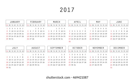 Calendar 2017 year in simple style. Months and days of week in English. Week starts from sunday. Text, thin frames in a separate layers.