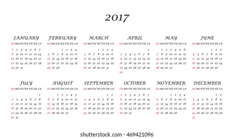 Calendar 2017 year in simple style. Months and days of week in English. Week starts from sunday