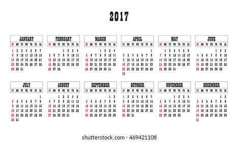 Calendar 2017 year in simple style. Months and days of week in English. Week starts from sunday. Text, thin frames in a separate layers.
