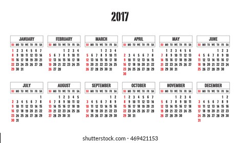 Calendar 2017 year in simple style. Months and days of week in English. Week starts from sunday. Text, thin frames in a separate layers.
